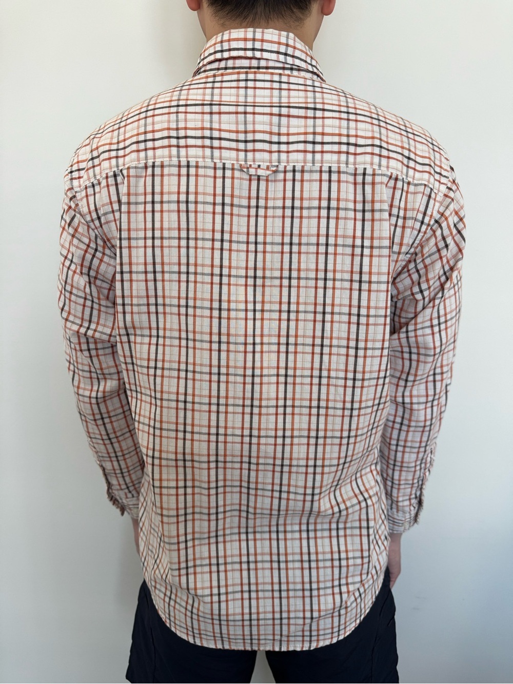 Haggar White Plaid Button-Down Shirt with Orange and Brown Checks